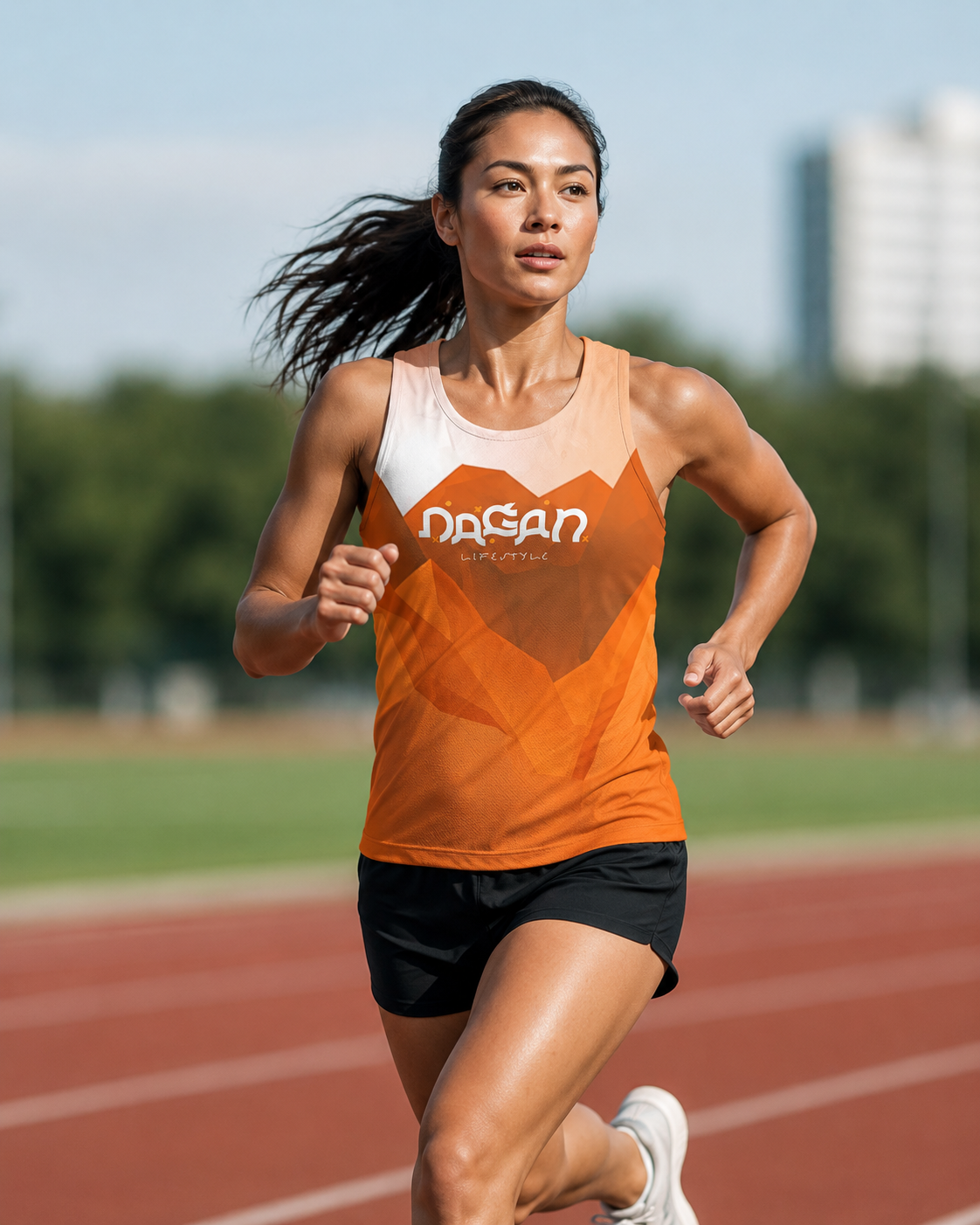 Runner wearing an orange Dagán singlet